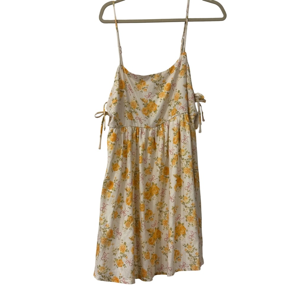 Altar'd State Yellow Floral Pink Bow Mini Dress Ivory Linen Blend XL E1389Y724JI